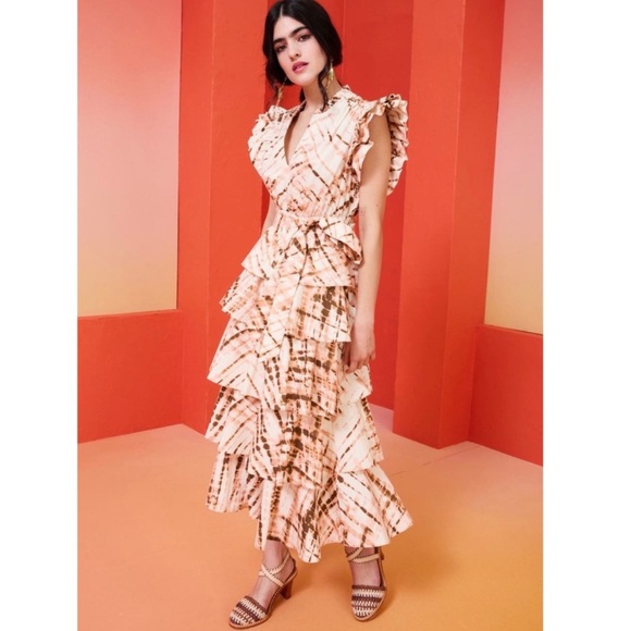 Marie Oliver Tie-Dye Ruffle Midi Dress in Cream and Brown - Picture 3 of 7